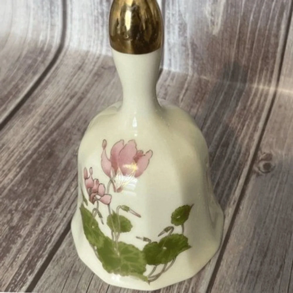 Vintage Otagiri Japan Cyclamen Floral Porcelain Bell Gold Trim Pink Flower